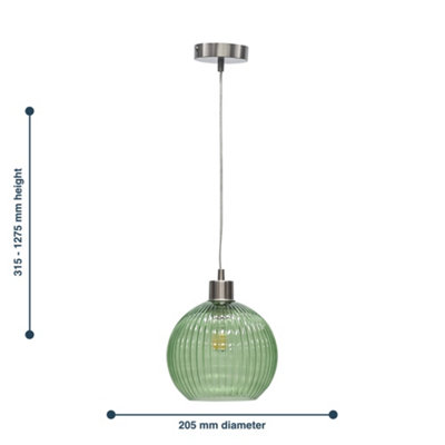 Betchley - Green Ribbed Glass Globe with Satin Nickel Pendant Fitting