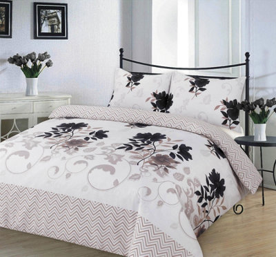 Bethany Black Floral Duvet Cover Set Reversible Zig Zag Bedding