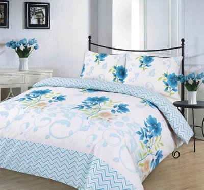 Bethany Teal Floral Duvet Cover Set Reversible Zig Zag Bedding