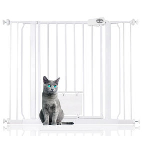 Bettacare Pet Gate with Lockable Cat Flap, 100.8cm - 108.4cm, White, 75cm in Height, Dog Safety Barrier with Cat Flap