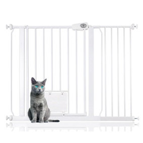 Bettacare Pet Gate with Lockable Cat Flap, 107.4cm - 115cm, White, 75cm in Height, Dog Safety Barrier with Cat Flap