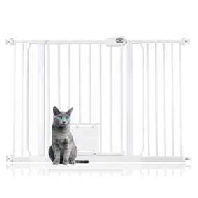 Bettacare Pet Gate with Lockable Cat Flap, 120.3cm - 127.9cm, White, 75cm in Height, Dog Safety Barrier with Cat Flap