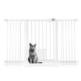Bettacare Pet Gate with Lockable Cat Flap, 139.8cm - 147.4cm, White, 75cm in Height, Dog Safety Barrier with Cat Flap