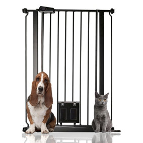 Bettacare Pet Gate with Lockable Cat Flap, 75cm - 84cm, Black, 104cm in Height