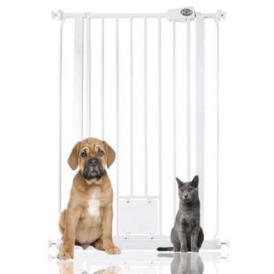 Bettacare Pet Gate with Lockable Cat Flap, 75cm - 84cm, White, 104cm in Height