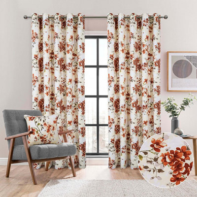 Betty Floral Design Lined Eyelet Curtains for Living Room or Bedroom - Cotton Rich Panama Fabric - Terracotta, 168 x 183cm