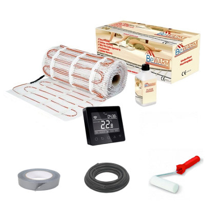 BeWarm - Electric Underfloor Heating 150w Sticky Mat Kit - 10m2 - With Black Thermostat