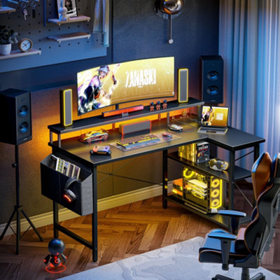 BEXEVUE Carbon Black L-Shaped Gaming Desk with Power Outlets and LED ...