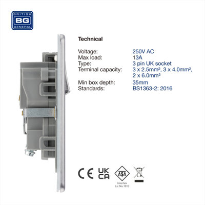 BG Electrical FBS21G Nexus Screwless Flat-Plate Single Switched Plug Socket Brushed Steel Grey Insert 13A
