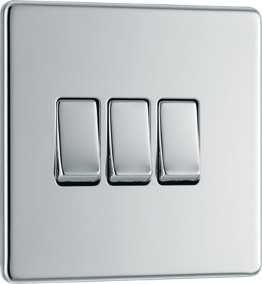 BG Electrical FPC43 Nexus Screwless Flat-Plate Triple Light Switch Polished Chrome 2 Way 10A