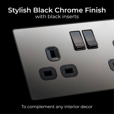 BG Evolve 13A Double Switched Power Socket, Screwless, Black Chrome