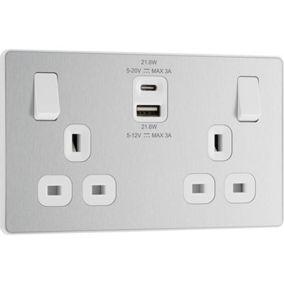 BG Evolve 13A Double Switched Socket USB-A& C,22W, Brushed Steel