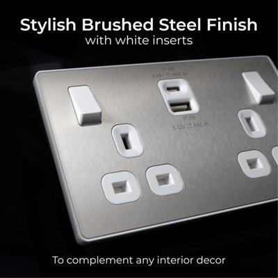 BG Evolve 13A Double Switched Socket USB-A& C,22W, Brushed Steel