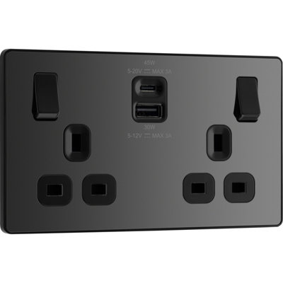 BG Evolve 13A Super Fast Double Socket USB-A& C,45W, Black Chrome