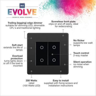 BG Evolve Black Chrome 200W Double Touch Dimmer Switch 2-Way Master