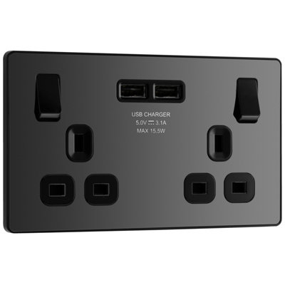BG Evolve Black Chrome Double Switched 13A Power Socket + 2 x USB (3.1A)