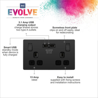 BG Evolve Black Chrome Double Switched 13A Power Socket + 2 x USB (3.1A)