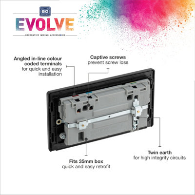 BG Evolve Black Chrome Double Switched 13A Power Socket + 2 x USB (3.1A) - 3