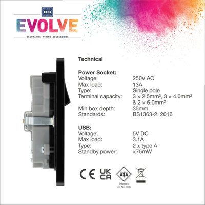 BG Evolve Black Chrome Double Switched 13A Power Socket + 2 x USB (3.1A) - 4