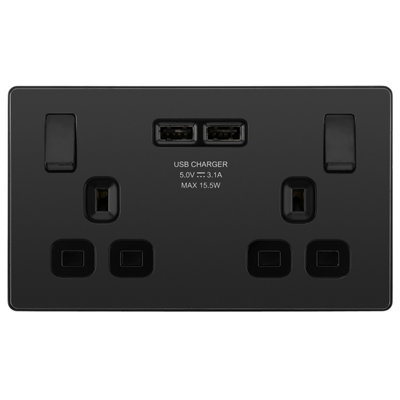 BG Evolve Black Chrome Double Switched 13A Power Socket + 2 x USB (3.1A) - 6