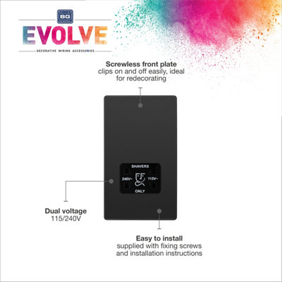 BG Evolve Black Chrome Dual Voltage Shaver Socket 115/240V
