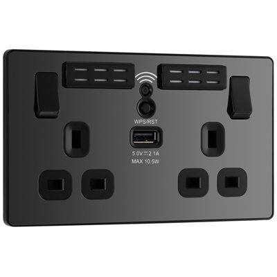 BG EVOLVE BLACK CHROME WIFI EXTENDER DOUBLE SWITCHED 13A POWER SOCKET + 1 X USB (2.1A)