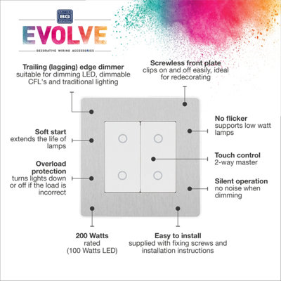 BG Evolve Brushed Steel 200W Double Touch Dimmer Switch 2-Way Master