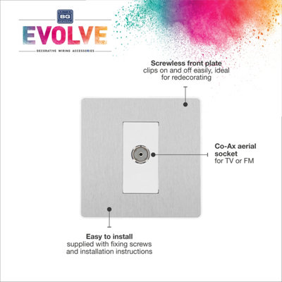 BG EVOLVE BRUSHED STEEL CHROME SINGLE SOCKET FOR TV OR FM CO-AXIAL AERIAL CONNECTION