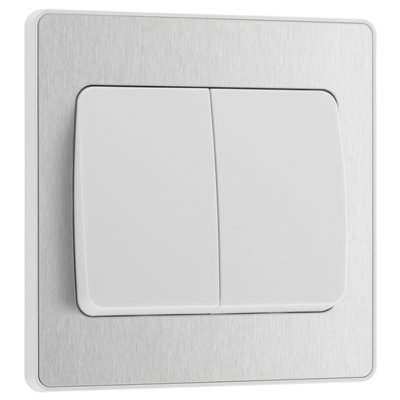 BG Evolve Brushed Steel Double Light Switch 20A 16AX, 2 Way, Wide Rocker