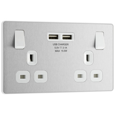 BG Evolve Brushed Steel Double Switched 13A Power Socket + 2 X USB (3.1A)