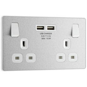 BG EVOLVE BRUSHED STEEL DOUBLE SWITCHED 13A POWER SOCKET + 2 X USB (3.1A)