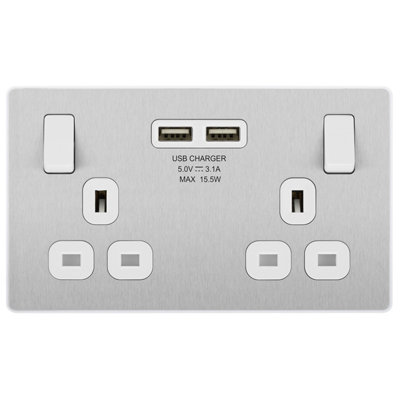 BG Evolve Brushed Steel Double Switched 13A Power Socket + 2 X USB (3.1A) - 6