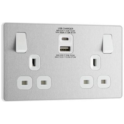 BG Evolve Brushed Steel Double Switched 13A Power Socket + USB A + C 30W