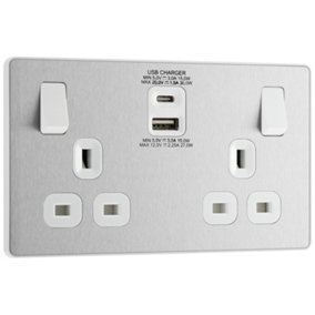 BG EVOLVE BRUSHED STEEL DOUBLE SWITCHED 13A POWER SOCKET + USB A + C 30W