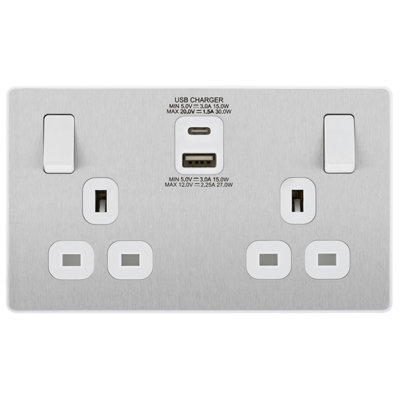 BG Evolve Brushed Steel Double Switched 13A Power Socket + USB A + C 30W - 6