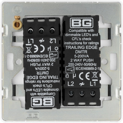 BG Evolve Brushed Steel Trailing Edge LED 200W Double Dimmer Switch 2-Way Push On/Off - 3