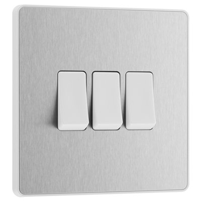 BG Evolve Brushed Steel Triple Light Switch 20A 16AX, 2 Way