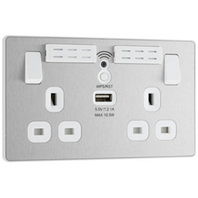 BG EVOLVE BRUSHED STEEL WIFI EXTENDER DOUBLE SWITCHED 13A POWER SOCKET + 1 X USB (2.1A)