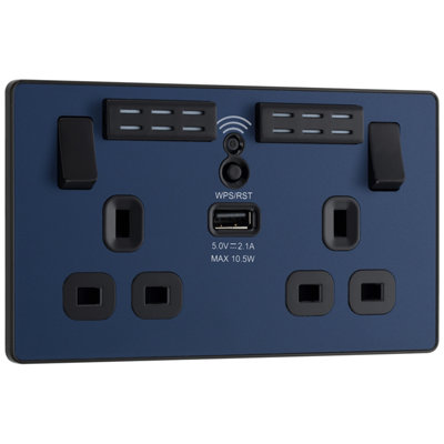 BG Evolve Matt Blue Wifi Extender Double Switched 13A Power Socket + 1 X USB (2.1A)