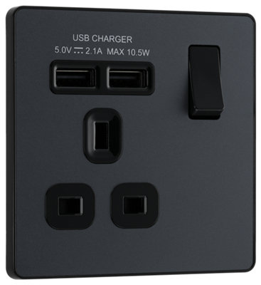 BG Evolve PCDMG21U2B Matt Grey 1 Gang 13A 2x USB-A 2.1A Socket-Black Insert