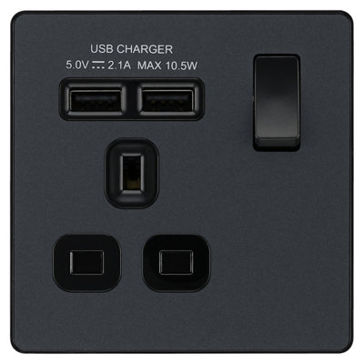 BG Evolve PCDMG21U2B Matt Grey 1 Gang 13A 2x USB-A 2.1A Socket-Black Insert