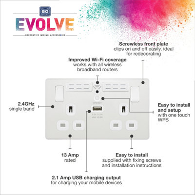 BG Evolve Pearlescent White Wifi Extender Double Switched 13A Power Socket + 1 X USB (2.1A)