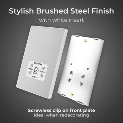 BG Evolve Screwless Shaver Socket, Dual Voltage 115/240V Brushed Steel