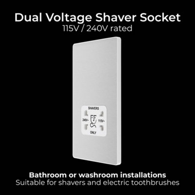 BG Evolve Screwless Shaver Socket, Dual Voltage 115/240V Brushed Steel