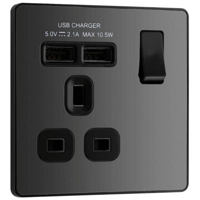 BG Evolve Single Switched Socket Dual USB-A 13A Black Chrome - PCDBC21U2B
