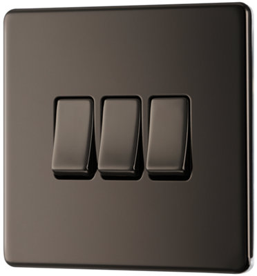 BG FBN43 Nexus Screwless Flat-Plate Triple Light Switch Black Nickel 2 Way 10A