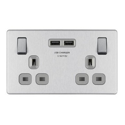 BG FBS22U3G Screwless Flatplate Switched Socket 2 Gang with USB Charger Sockets (Brushed Steel) Price Comparisons | Compare The Build