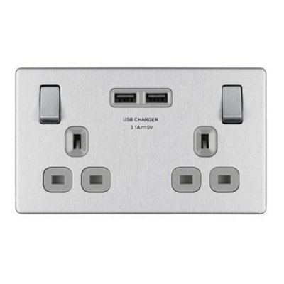 BG FBS22U3G Screwless Flatplate Switched Socket 2 Gang with USB Charger Sockets (Brushed Steel)