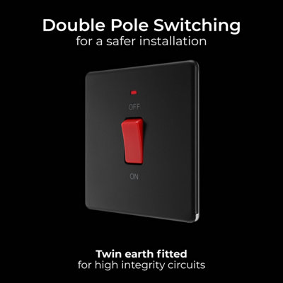 BG Flatplate 45A Double Pole Cooker Switch & LED, Matt Black