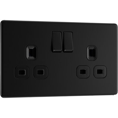 BG Flatplate Screwless 13A Double Switched Socket, Matt Black